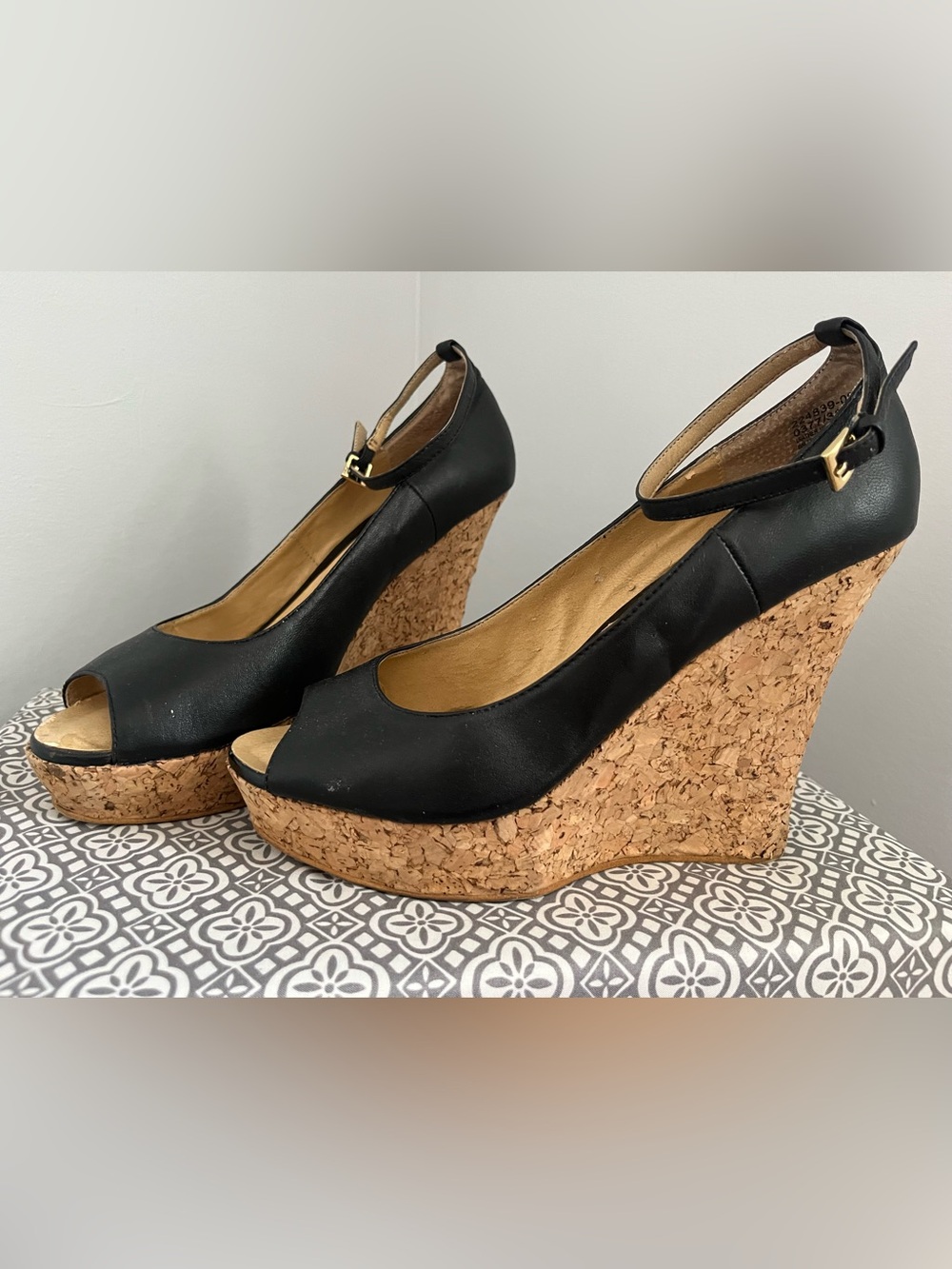 Black Cork Wedge Peep-Toe Sandals with Ankle Strap